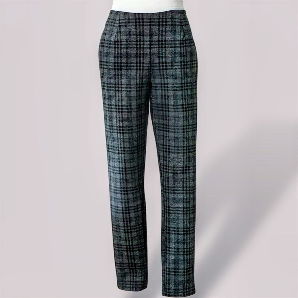 CALVIN KLEIN GRAY BLACK GLEN PLAID SLIM FIT TROUSERS STRETCHY PULL-ON SIZE (10)